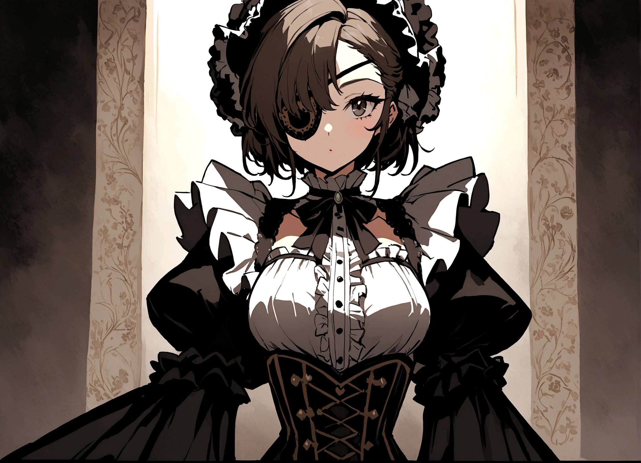 Taylor Swift (age 25) is playing a 'steampunk card shark', (victorian dress breasts over exposed., gadget eyepatch over one eye),