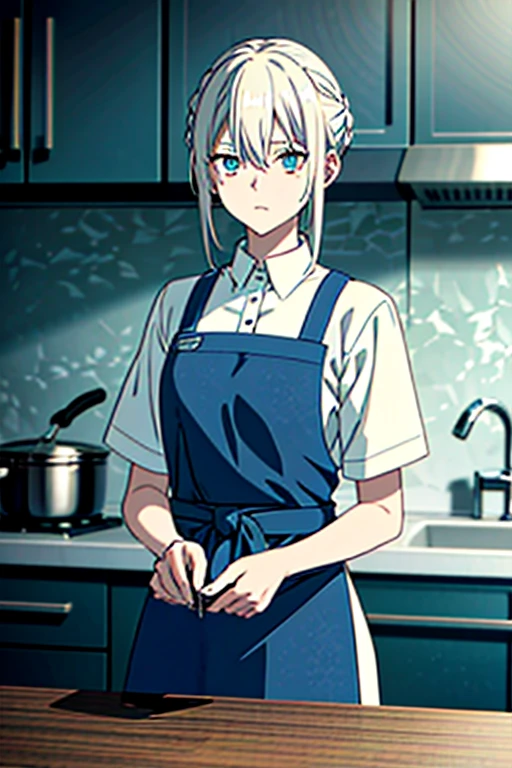 Screenshot of the Blue Lock anime. Pale-skinned woman with long platinum blonde hair tied back in a messy manner. Amber eyes and a small mole below the left eye. She wears a pastel aqua green shirt with a white kitchen apron. . There is an expression of great concern and surprise on his face. Holds cooking utensils. Photography style, position of the camera against the angle. Background of a kitchen.