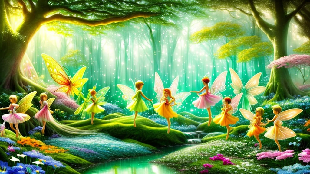 (masterpiece:1.2), (best quality,:1.2), 8k, HDR, ultra detailed, ((photorealistic)), professional light, cinematic lighting, fashion photography, ambient lighting, a group of fairies dancing on a clearing in a magical fantasy forest, feyfa, style-sylvamagic, epiCPhoto、masterpiece、top-quality、ultra-detailliert、(Chibi Chara Fairy:1.2)、tickle,lol,LMAO,XD,big smile,happy fun smile,laugh out loud,vibrant laughing、blue open sky、white clouds,Dreamy garden, trees, flowers, Cute,exquisite artwork high quality、masterpiece、Sparkling fairies、Five Fairies、a Lots of fairies(a Pink Fairy、a Yellow Fairy、a Orange Fairy、a Green Fairy、a Light Blue Fairy They are playing happily)、In a beautiful forest、fun、Open your mouth、smile、Flying around、so many fairies、