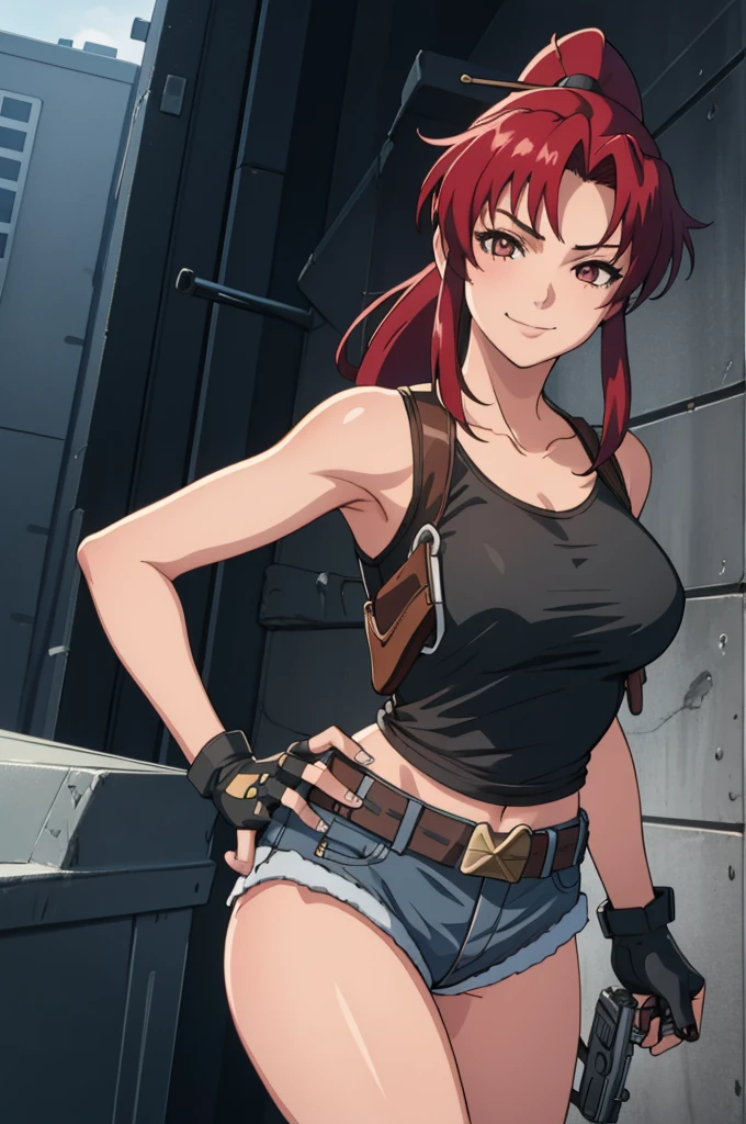 1girl, cute, sexy, red hair, cowboy shot, solo, revy, evil smile, holding gun, handgun, pistol, ponytail, tank top, fingerless gloves, denim shorts, holster, belt, newest