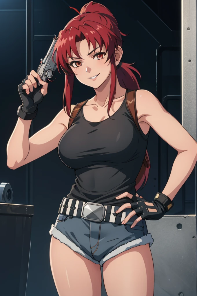 1girl, cute, sexy, red hair, cowboy shot, solo, revy, evil smile, holding gun, handgun, pistol, ponytail, tank top, fingerless gloves, denim shorts, holster, belt, newest