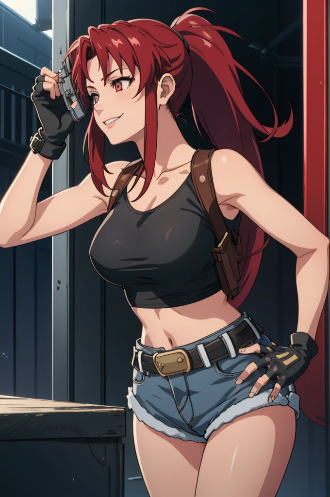 1girl, cute, sexy, red hair, cowboy shot, solo, revy, evil smile, holding gun, handgun, pistol, ponytail, tank top, fingerless gloves, denim shorts, holster, belt, newest