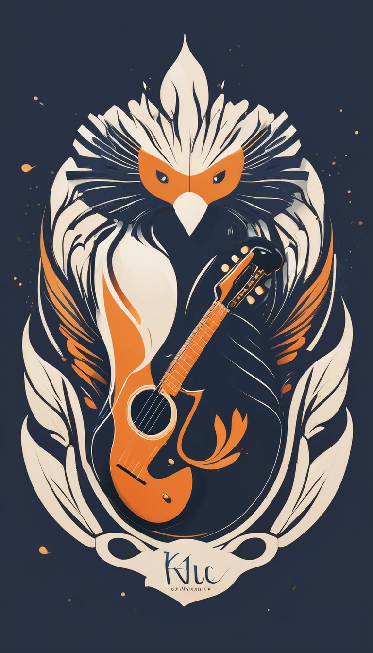 Create a cinematic, abstract symbol for a film production company based on stories and music. The logo should represent the companionship between a boy guitarist , A Storyteller Fantasy Bird and a Dreamy Feather. Minimalist symbol design
