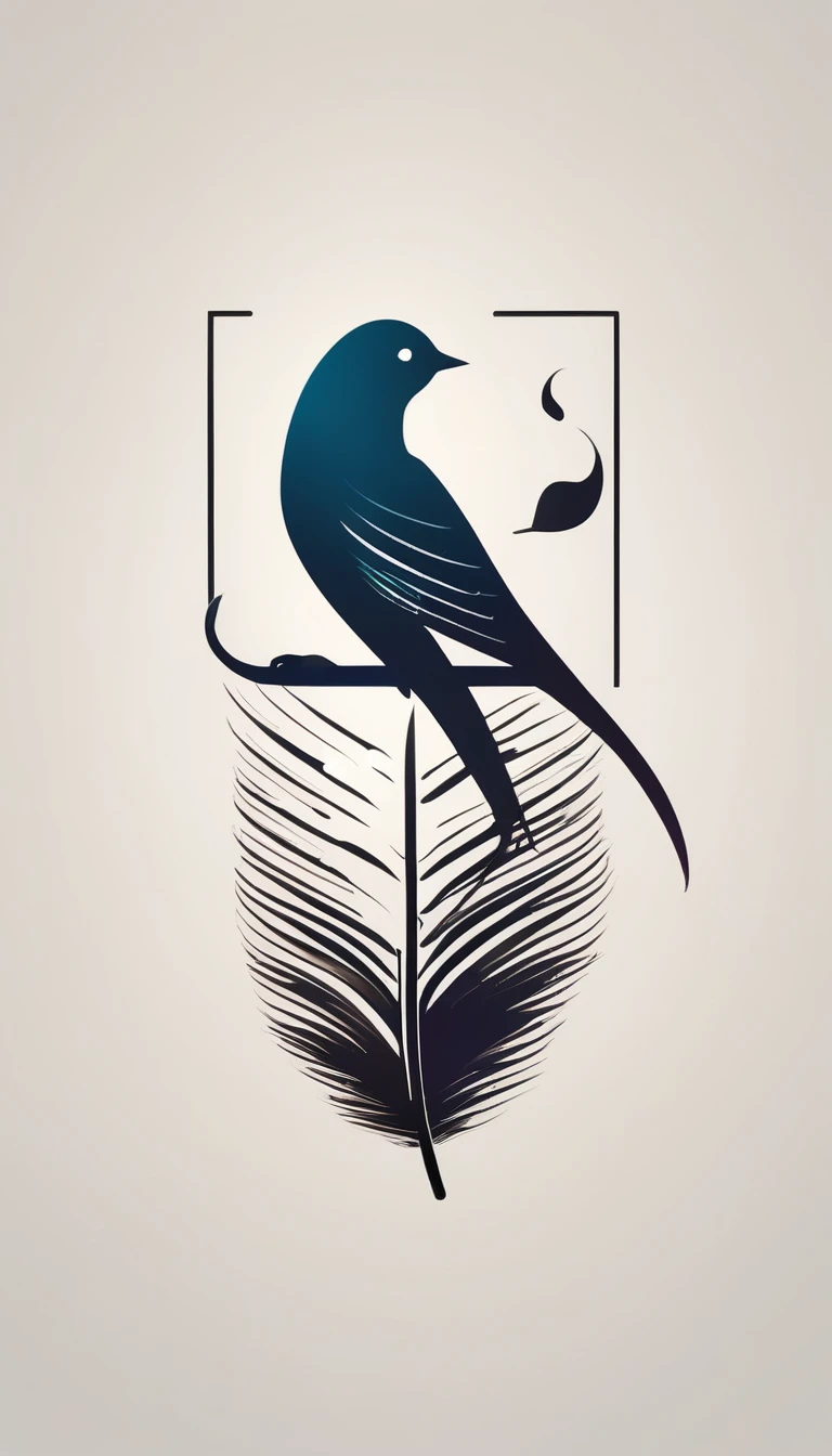 Create a cinematic, abstract symbol for a film production company based on stories and music. The logo should represent the companionship between a boy guitarist , A Storyteller Fantasy Bird and a Dreamy Feather. Minimalist symbol design