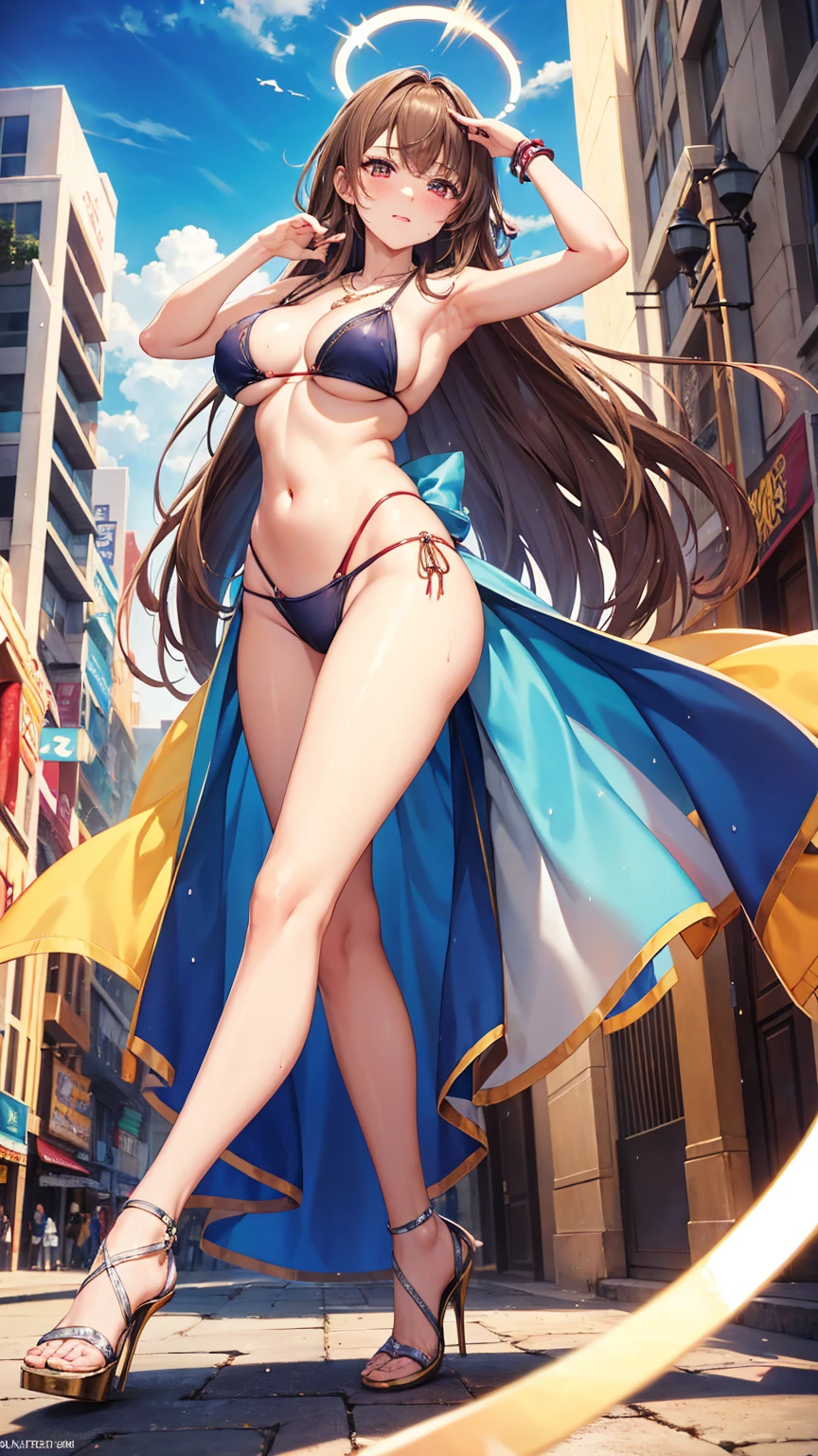 game , Nikke, the goddess of victory, Neat , Light brown hair, Captivating eyes ,beautiful face , Crystal Red Eye , Long Hair , Cleavage, Underarm, necklace, Light blue bikini,G-cup breasts, Narrow waist, Captivating thighs, 5 fingers on each hand, both hands ,2 basics , city, date, beautiful, High heels, cloudy, it's raining, Fall into the pool, Floating on water, Soaked clothes, See-through shirt , hard nipples, Water dripping on the body, puff, Blushing, seductive pose , sweating ,