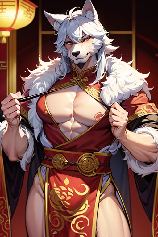 wolf muscular furry man wearing tight chinese traditional dress. seductive face, sticking his tongue out and big chest. set in a Chinese palace. flexing his big chest