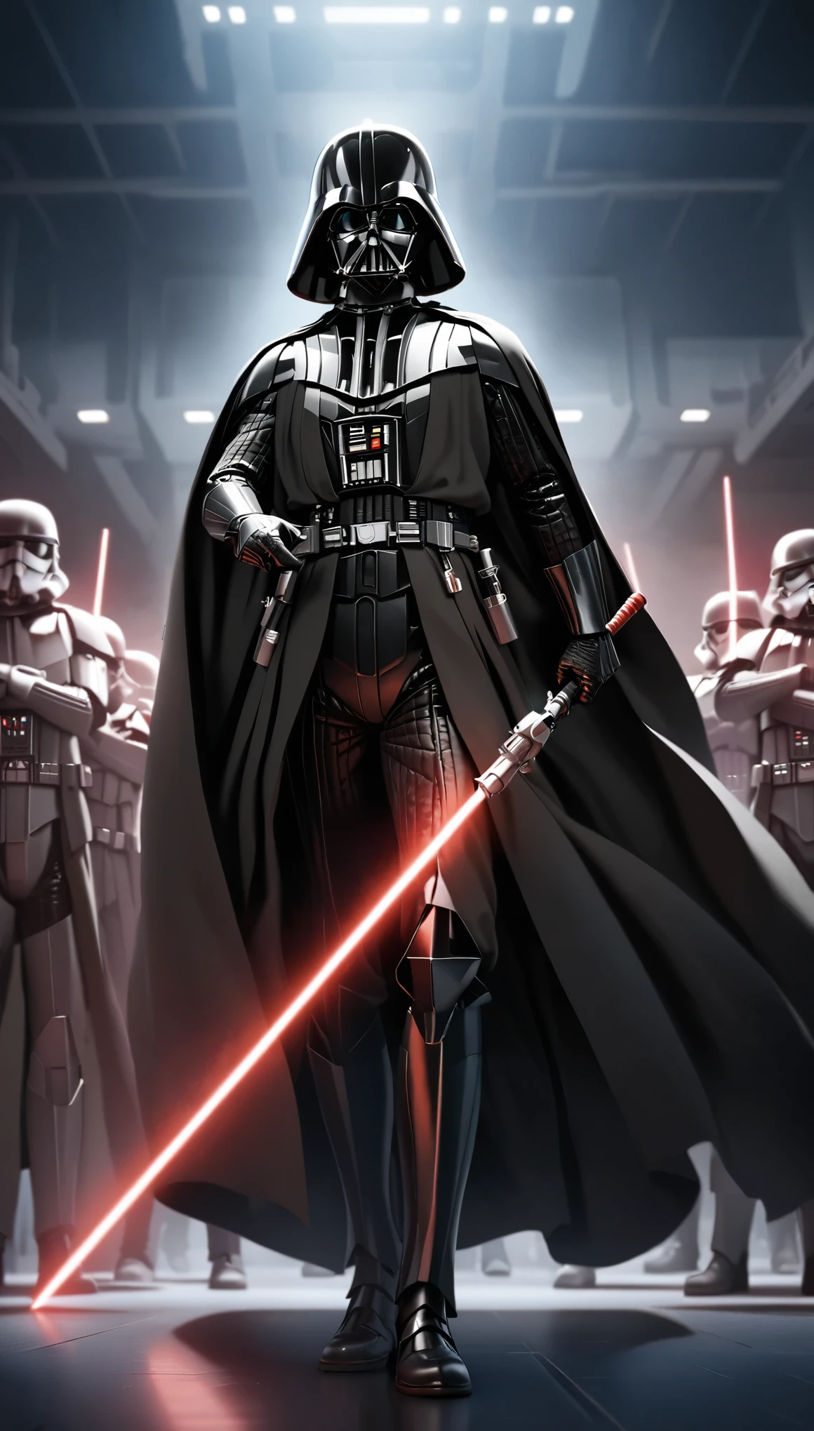 darth vader standing in front of a group of storm troopers in a room, holding lightsabe in his hands, walking across a bunch of stormtroopers behind him, Black_outfit,hood, hood_up, boots, darth vader helmet,cape,armor, shoulder armor, armored boots, glowing_sword, glowing_weapon,holding_sword, holding_weapon, hood, laser, lightsaber,holding a lightsaber,energy_sword, glowing, glowing_weapon,darth vader, 1 Man, looking at viewer,(closed mouth:1.0), NSFW,official art,extremely detailed CG unity 8k wallpaper, perfect lighting,Colorful, Bright_Front_face_Lighting, (masterpiece:1.0),(best_quality:1.0), ultra high res,4K,ultra-detailed, photography, 8K, HDR, highres, absurdres:1.2, Kodak portra 400, film grain, blurry background, bokeh:1.2, lens flare, (vibrant_color:1.2)