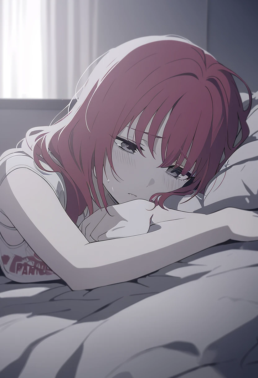 young woman, 21 years old, lying in bed, gray sad tones, the pain of parting, Red hair, only in branded underwear.