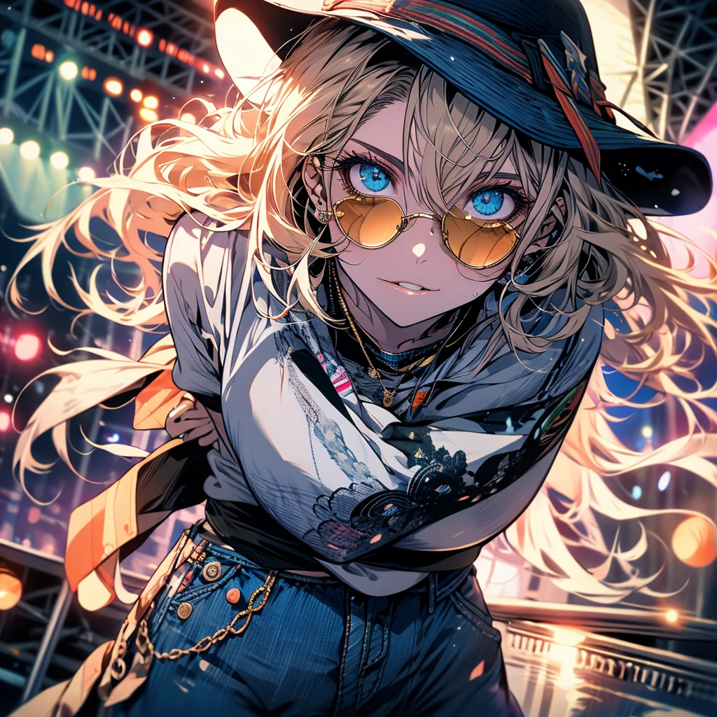 A man wearing a vintage band T-shirt, cutoff denim shorts, Converse sneakers, sunglasses, and a fedora hat. The background is a music festival venue with a stage, crowds, and vibrant decorations