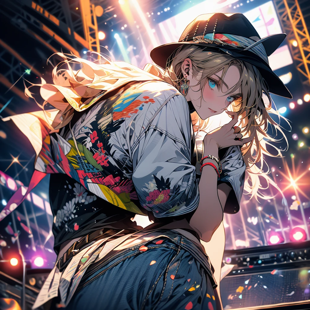 A man wearing a vintage band T-shirt, cutoff denim shorts, Converse sneakers, sunglasses, and a fedora hat. The background is a music festival venue with a stage, crowds, and vibrant decorations