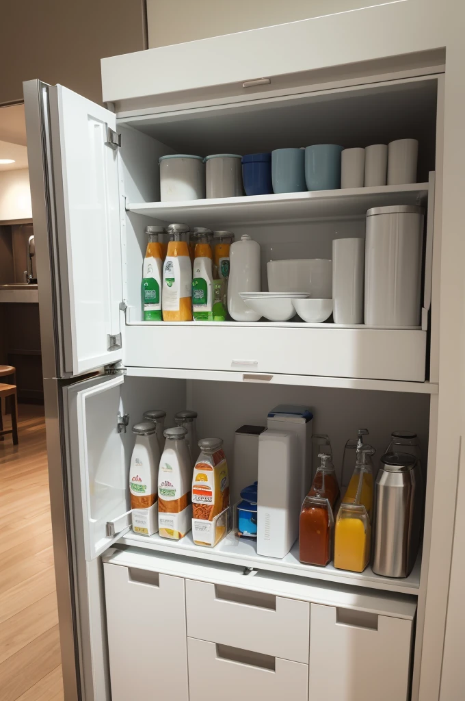 L-shaped kitchen cabinet with built-in refrigerator
