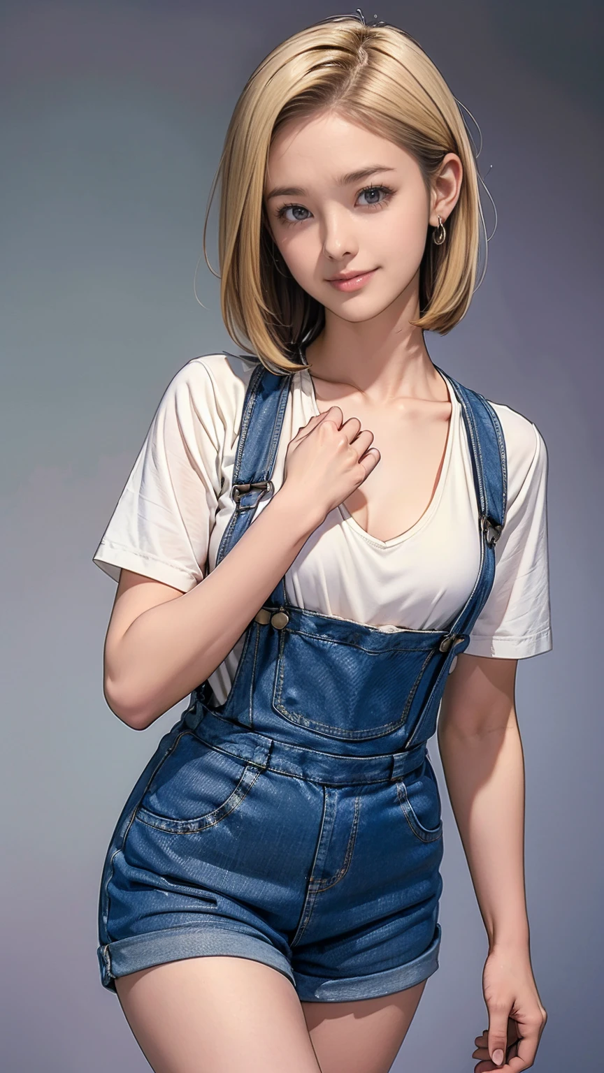 ((masterpiece)),(((Highest quality))),((Character design sheet)),Thin thighs,Long legs,Android 18, alone, Blonde, blue eyes, short hair, Cute smile，Earrings, jewelry, Medium Milk，Clean your hands, Wear denim fabric overalls:1.5, No shirt，Photo of slim girl model, Close-up body shot，street, (External dilated chest: 1.2)