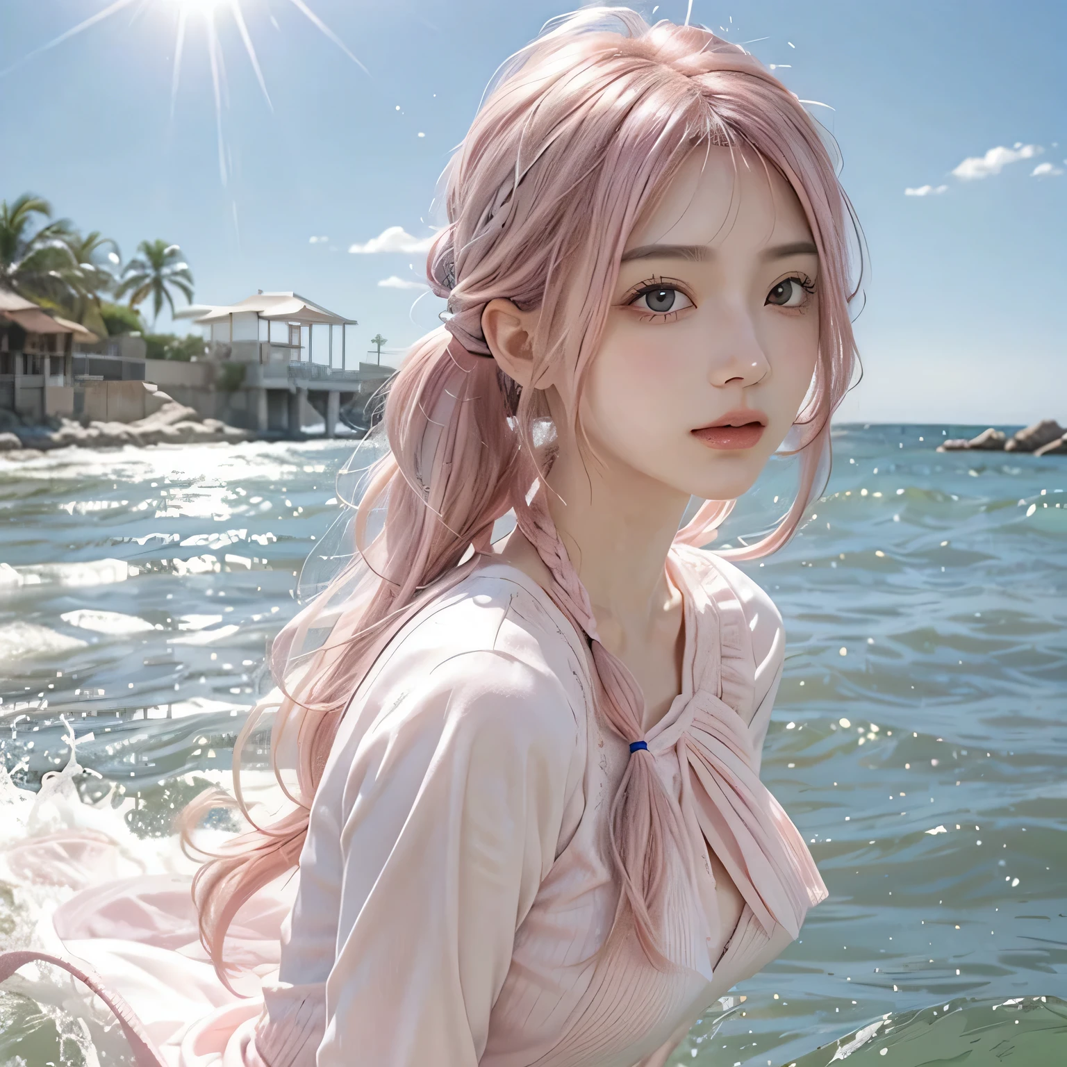 Light pink hair, Pink Eyes, Pink and white, Blue sky, Vibrant colors, blouse white、Water splashes, Light Racing, Wavy long hair、Water splashes、Light of the sun、pigtails hair