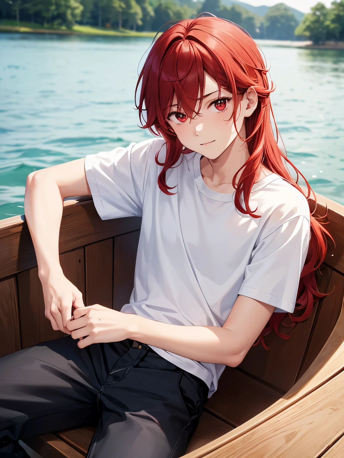 1boy,18 years old,Sitting in a wooden boat, on a lake,cool,slight smile,middle parted hairstyle,Standing facing backwards,talking,Curly hair, red hair, red eyes, long hair, vampire, handsome,,close up photo,White t-shirt,Short sleeve t-shirt,,black trousers
