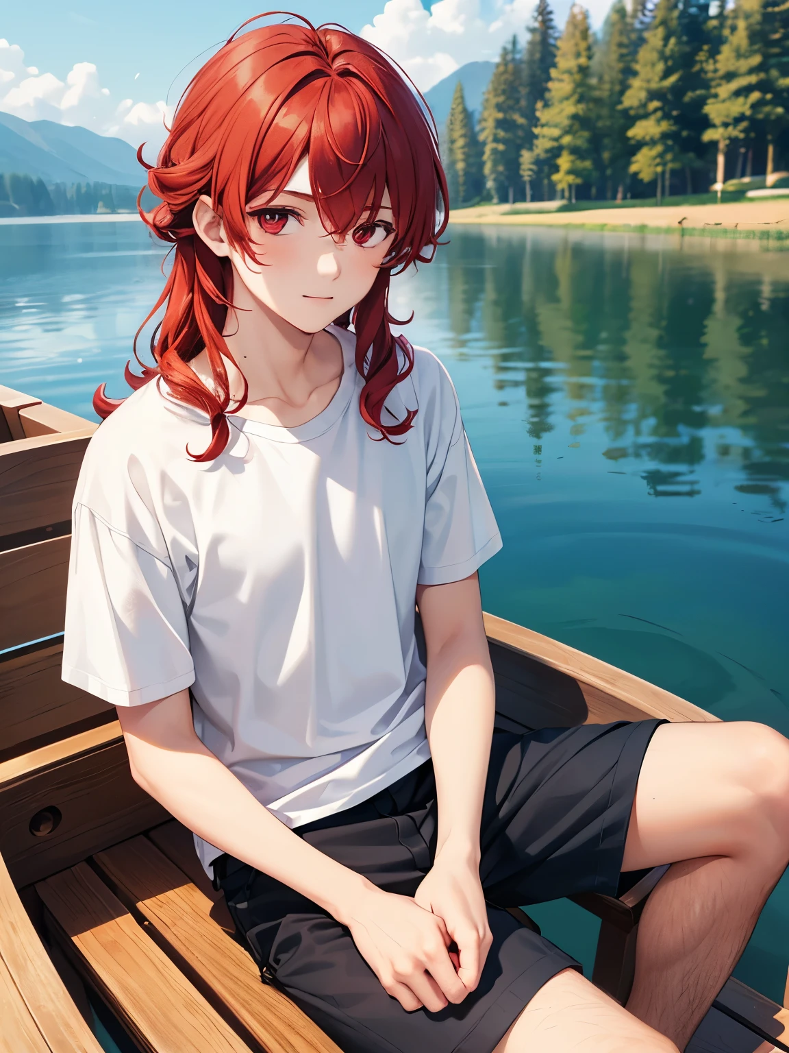 1boy,18 years old,Sitting in a wooden boat, on a lake,cool,slight smile,middle parted hairstyle,Standing facing backwards,talking,Curly hair, red hair, red eyes, long hair, vampire, handsome,,close up photo,White t-shirt,Short sleeve t-shirt,,black trousers