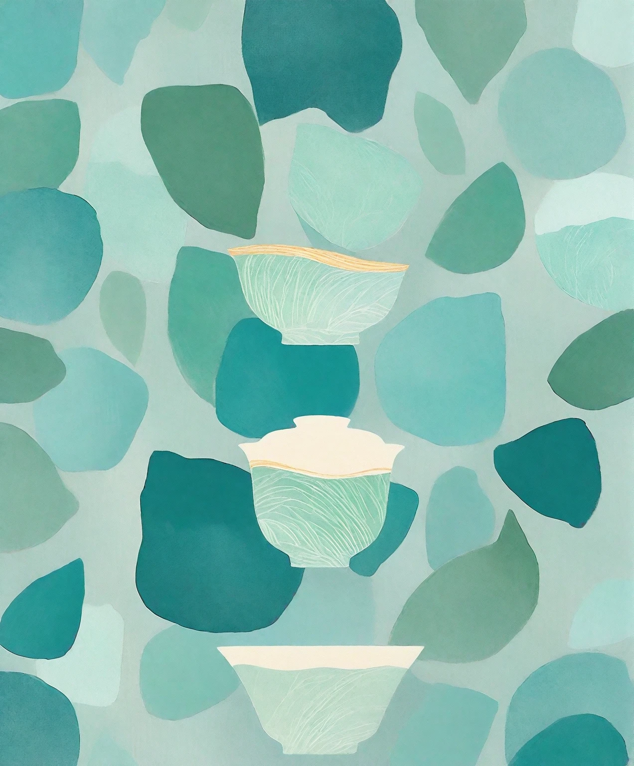 a close-up photo of a bowl, minimalist illustration, blue-green bowl, oil paint texture, sketchy, prominent textures, Chinese style, tea leaf pattern bowl, solid color background, clear edges, illustration style,pop surrealism,drawing,painting