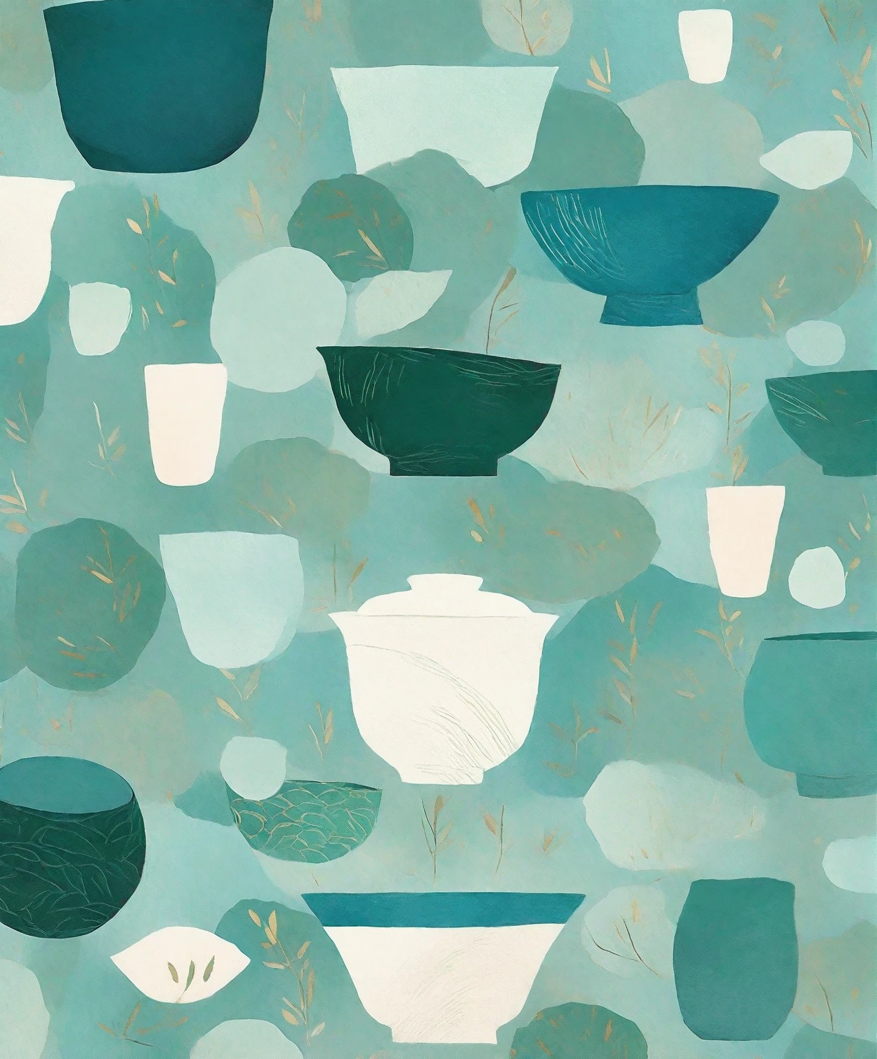 a close-up photo of a bowl, minimalist illustration, blue-green bowl, oil paint texture, sketchy, prominent textures, Chinese style, tea leaf pattern bowl, solid color background, clear edges, illustration style,pop surrealism,drawing,painting