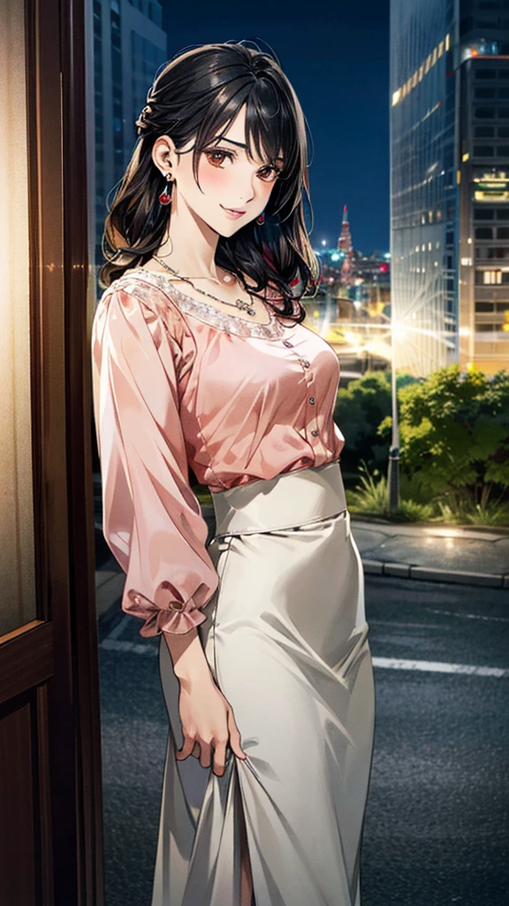 (masterpiece:1.3, Highest quality, Ultra-high resolution, Super detailed), (Realistic, photoRealistic:1.4), Beautiful illustrations, Perfect lighting, colorful, Depth of written boundary,
Beautiful detailed hair, Beautifully detailed face, Beautiful fine details, Beautiful clavicle, Beautiful body, 美しいLarge , Beautiful thighs, Beautiful feet, Beautiful fingers,
View Viewer、Front view:0.6, Beauty1人, Japanese, Beauty、30 years old, Perfect Face, (Perfect Anatomy, Anatomically correct), Cute and symmetrical face, Baby Face, , Shiny skin,
((Light red sheer blouse:1.4)), ((Long skirt 1.5))、
(Black Hair, Medium、Updo Hair:1.4), Dark brown eyes, (Large Breasts body,
necklace, (Small earrings:1.3),
(Beautiful views), (night), (city, cityscape in the distance), Standing with good posture, A soft smile、(Smile, Lips parted),