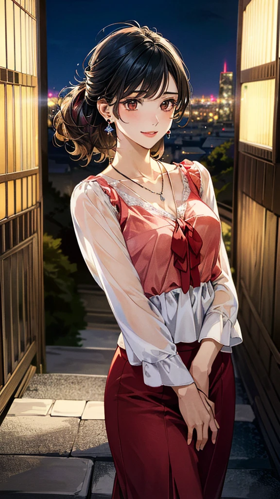 (masterpiece:1.3, Highest quality, Ultra-high resolution, Super detailed), (Realistic, photoRealistic:1.4), Beautiful illustrations, Perfect lighting, colorful, Depth of written boundary,
Beautiful detailed hair, Beautifully detailed face, Beautiful fine details, Beautiful clavicle, Beautiful body, 美しいLarge Breasts, Beautiful thighs, Beautiful feet, Beautiful fingers,
View Viewer、Front view:0.6, Beauty1人, Japanese, Beauty、30 years old, Perfect Face, (Perfect Anatomy, Anatomically correct), Cute and symmetrical face, Baby Face, , Shiny skin,
((Light red sheer blouse:1.4)), ((Long skirt 1.5))、
(Black Hair, Medium、Updo Hair:1.4), Dark brown eyes, (Large Breasts), Slim body,
necklace, (Small earrings:1.3),
(Beautiful views), (night), (city, cityscape in the distance), Standing with good posture, A soft smile、(Smile, Lips parted),