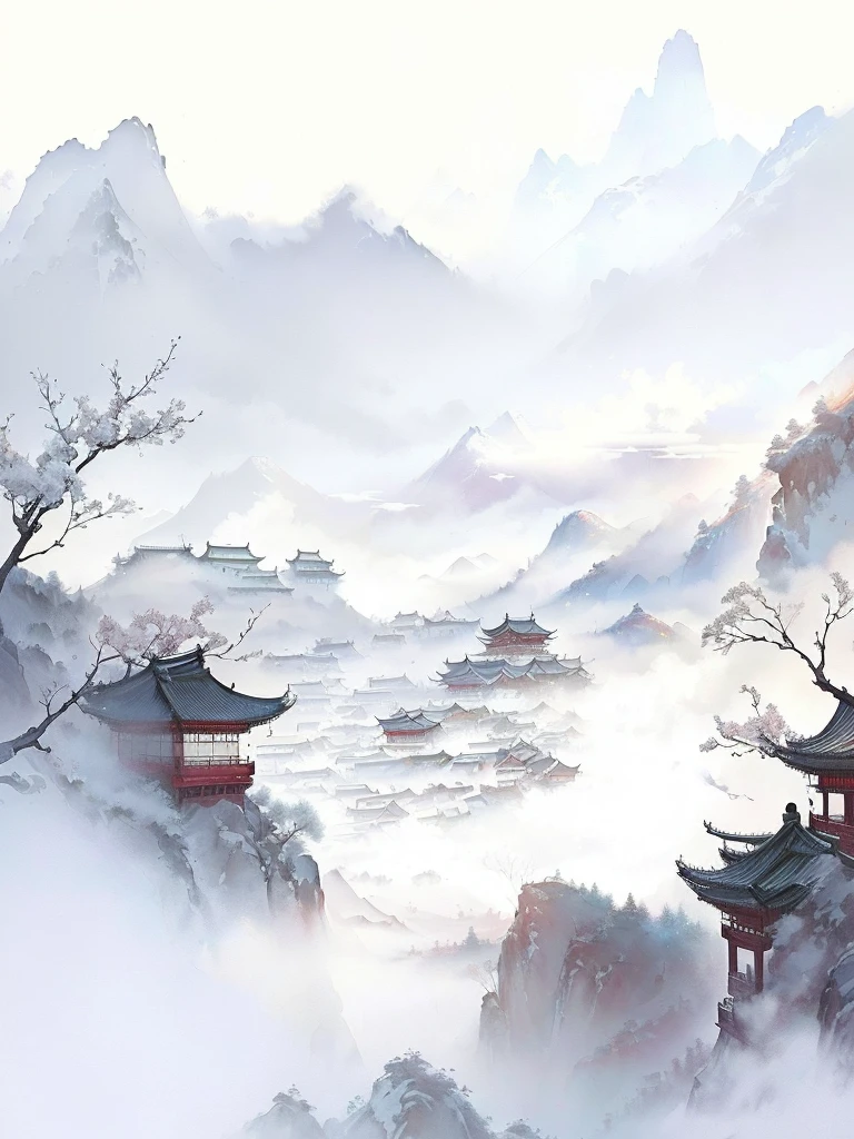 There is a painting,There is a mountain in the painting,Fog surrounds the mountains, Chinese watercolor style, Detailed scenery , Dreamy Chinatown, Chinese style景, Chinese painting style, Chinese style, Ink lighting style, Landscape Artwork, Anime Background Art, A beautiful artistic illustration, Anime Landscape Wallpaper, Watercolor,Fresh and elegant color
