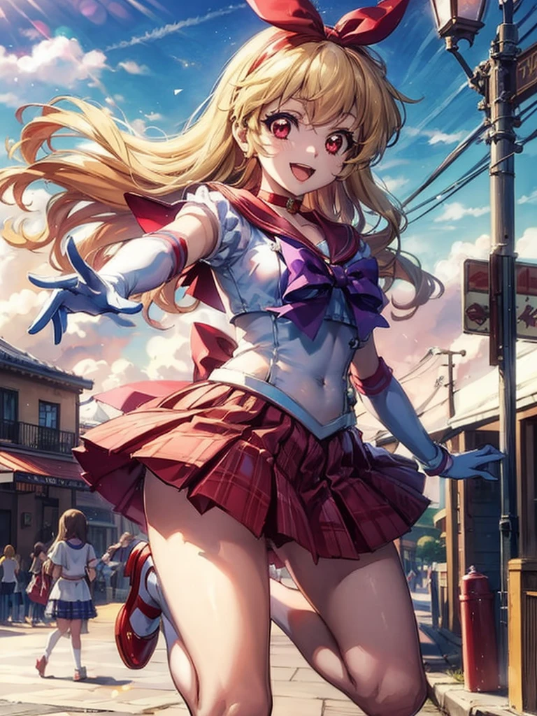 a cartoon girl that is singing and pointing to her face with both hands, 1girl, solo, blonde hair, long hair, skirt, red eyes, standing on one leg, standing, standing split, hoshimiya ichigo, cosplay, smile, sailor senshi uniform, split, open mouth, underwear, gloves, choker, panties, sky, cloud, bow, sailor collar, looking at viewer, :d, red skirt, red choker, white gloves, leg up, hairband, purple bow, red hairband,Ichigo Hoshimiya (Aikatsu!),sama1, tiara, sailor senshi uniform, white gloves, red sailor collar, red skirt, star choker, elbow gloves, pleated skirt, bare legs, purple bow