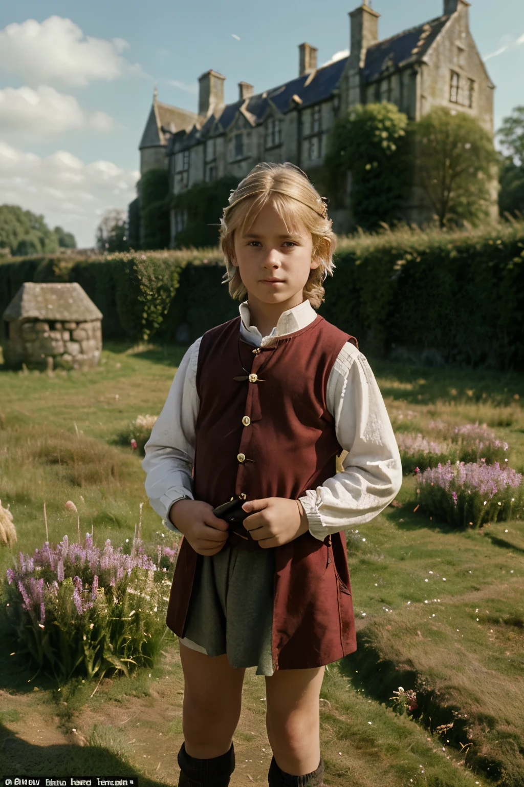 England, 873. A little ((((11-year-old)) Uhtred)), english boy, next to a castle, ((((clothings from the 870s)))), ((blonde hairstyle of the 870s)), ((colorful, Monet))