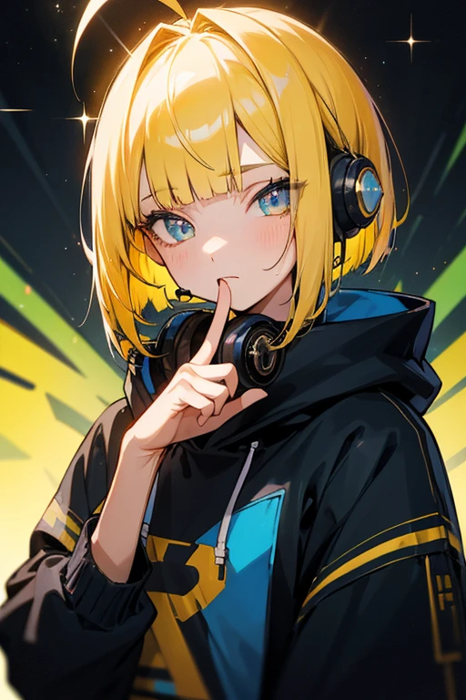 1 girl,18 years old, ((detailed face)), ((detailed eyes)), ((sparkling eyes)), yellow hair, blue color ed inner hair, bob cut, blunt bangs, ahoge,
BREAK 
((Upper body)),black hoodie, colorful texture inner clothes, loose clothes, colorful innerwear,
Colorful decorations, holding own finger, metalic headphones, 

night, spotlights, anextraodinary space