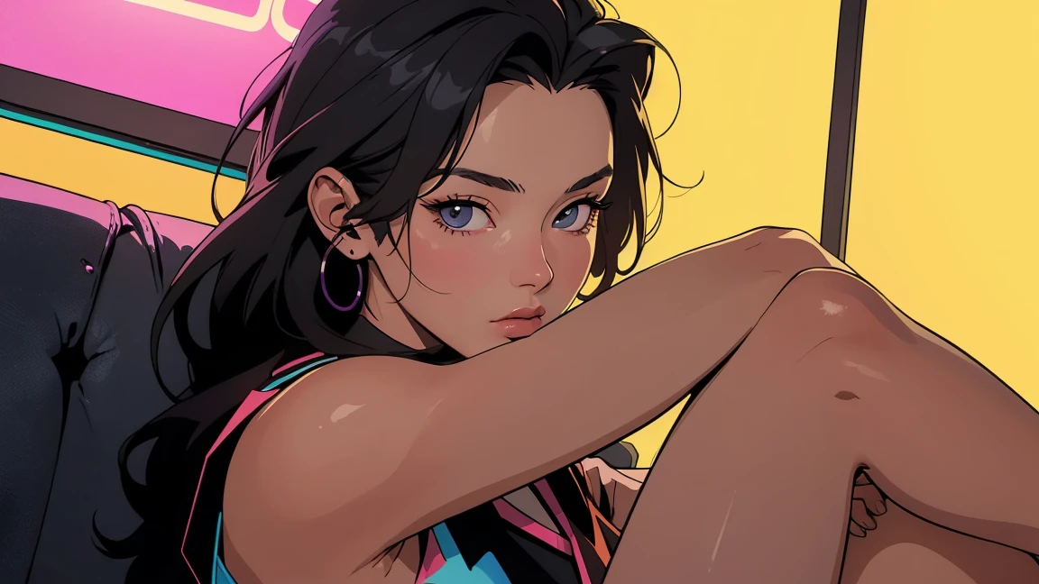 ((best quality)), ((masterpiece)), (detailed), perfection, realistic, high fashion, 16:9, Stylish Korean woman from the 90s, A woman sitting with her legs crossed in the middle of a colorful neon light background, a scene from a movie, photos for posters
