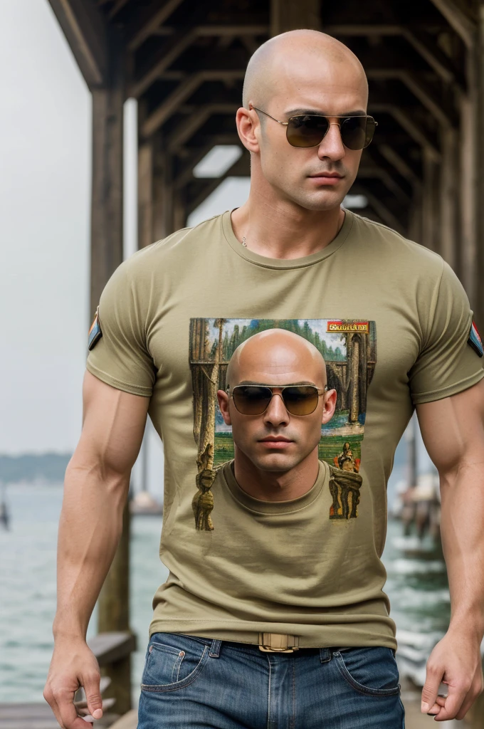 ((8k ((best quality)), ((masterpiece)), (very detailed), real face bald male muscular male soldier upper body wear t-shirt sunglasses on pier