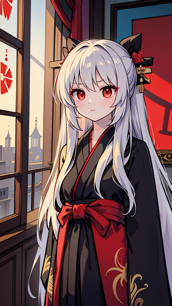 ((masterpiece)),((best quality)),32K,high detail,Extremely detailed,Intricate details,A girl，（White long straight hair：1.3），Positive face，(Red Eyes:1.3)，((tie))，((Black kimono))，messy hair，hair strand，Hair flip，19th century style，Empire Style，Romanticism，Neoclassicism，Gothic art，Anime style，Cinematic lighting