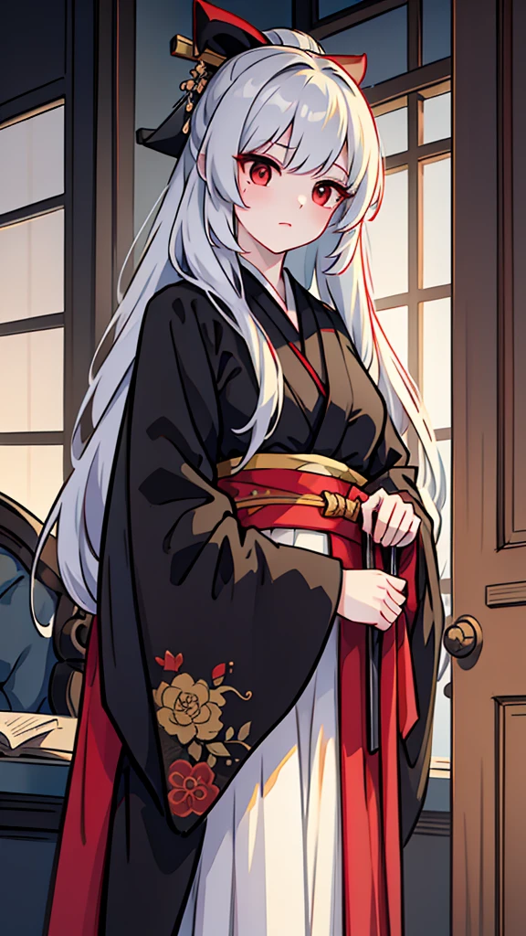 ((masterpiece)),((best quality)),32K,high detail,Extremely detailed,Intricate details,A girl，（White long straight hair：1.3），Positive face，(Red Eyes:1.3)，((tie))，((Black kimono))，messy hair，hair strand，Hair flip，19th century style，Empire Style，Romanticism，Neoclassicism，Gothic art，Anime style，Cinematic lighting