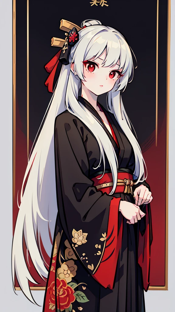 ((masterpiece)),((best quality)),32K,high detail,Extremely detailed,Intricate details,A girl，（White long straight hair：1.3），Positive face，(Red Eyes:1.3)，((tie))，((Black kimono))，messy hair，hair strand，Hair flip，19th century style，Empire Style，Romanticism，Neoclassicism，Gothic art，Anime style，Cinematic lighting