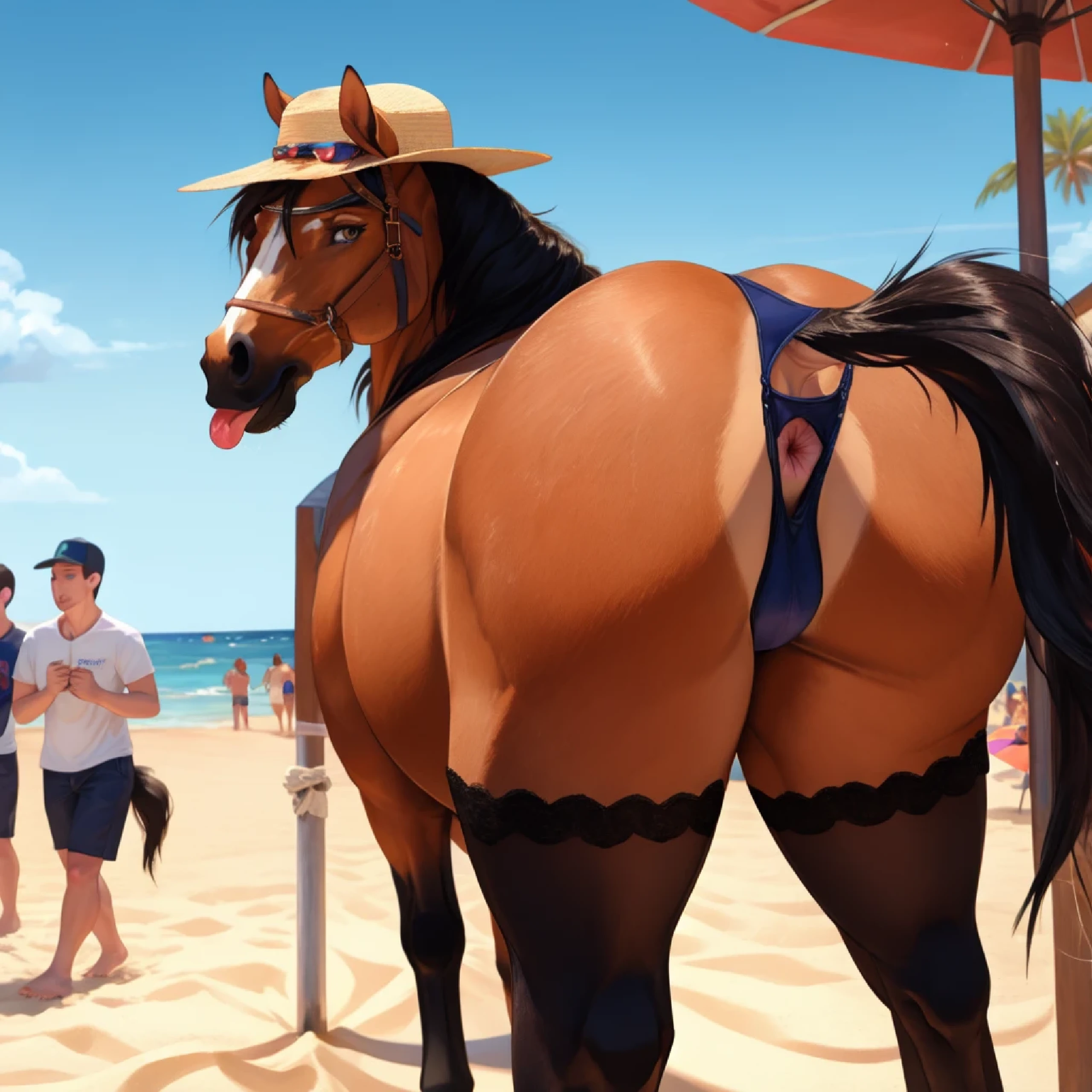 NSFW (nude) (Nami ((human)) large breasts, strip of pubic hair) rear view, from behind, vaginal penetration, fucking male furry horse with horse penis, full body, on a deserted beach