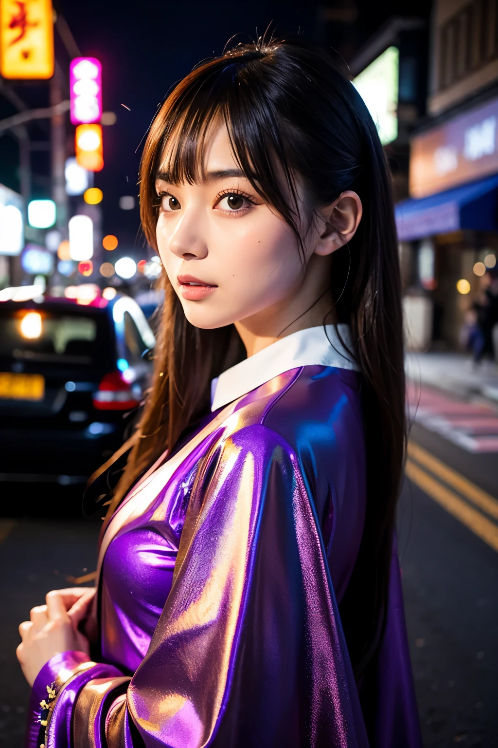 cyber- purple car night rain Metal beautiful girl People with Japan faces