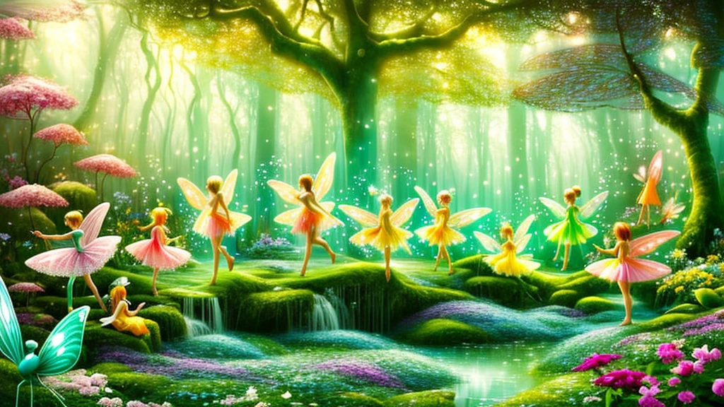 (masterpiece:1.2), (best quality,:1.2), 8k, HDR, ultra detailed, ((photorealistic)), professional light, cinematic lighting, fashion photography, ambient lighting, a group of fairies dancing on a clearing in a magical fantasy forest, feyfa, style-sylvamagic, epiCPhoto、masterpiece、top-quality、ultra-detailliert、(Chibi Chara Fairy:1.2)、tickle,lol,LMAO,XD,big smile,happy fun smile,laugh out loud,vibrant laughing、blue open sky、white clouds,Dreamy garden, trees, flowers, Cute,exquisite artwork high quality、masterpiece、Sparkling fairies、Five Fairies、a Lots of fairies(a Pink Fairy、a Yellow Fairy、a Orange Fairy、a Green Fairy、a Light Blue Fairy They are playing happily)、In a beautiful forest、fun、Open your mouth、smile、Flying around、so many fairies、