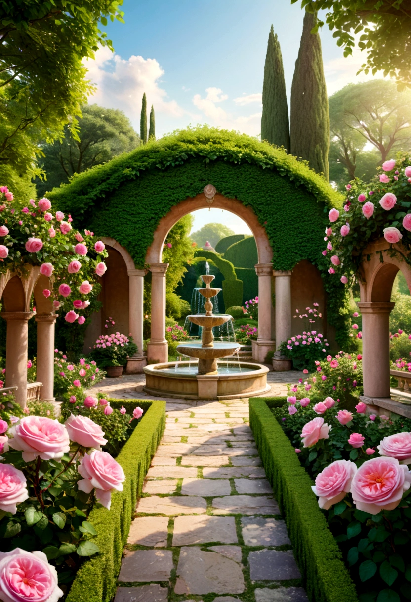A beautiful European garden in full bloom, pink color, top quality 8K,filled with vibrant flowers of various colors. The scene features lush greenery, elegant stone pathways, and a serene fountain at the center. The background includes a charming gazebo and old stone arches covered in climbing roses. The image is depicted in a soft, dreamy, ethereal quality.