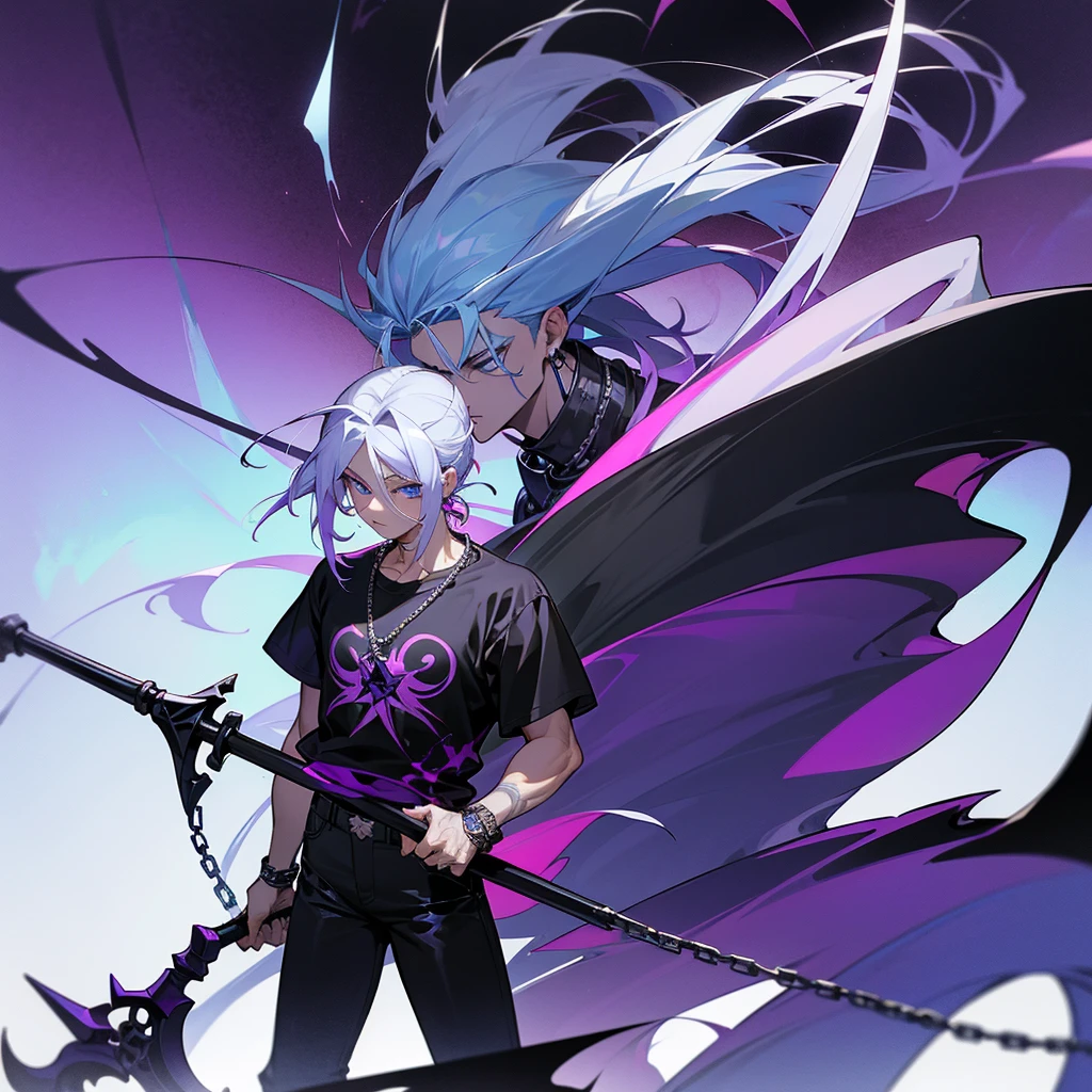 Um homem alto musculoso no ponto certo extremamente bonito, com cabelos brancos/prateados wolfcut/mullet wears black pants "jnco jeans" wears a huge purple demonic scythe wears a black all star and a nirvana shirt with a silver chain necklace as well as a silver chain bracelet ice blue eyes
