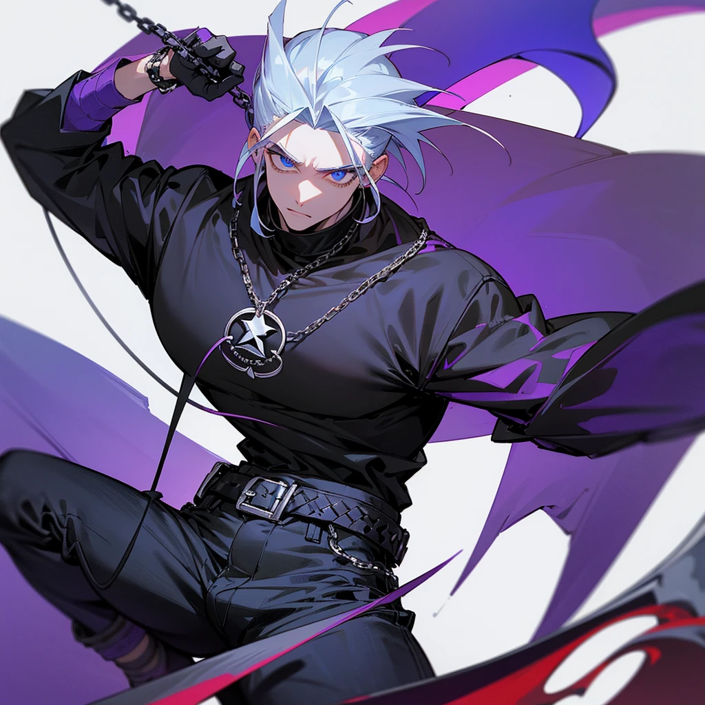 Um homem alto musculoso no ponto certo extremamente bonito, com cabelos brancos/prateados wolfcut/mullet wears black pants "jnco jeans" wears a huge purple demonic scythe wears a black all star and a nirvana shirt with a silver chain necklace as well as a silver chain bracelet ice blue eyes