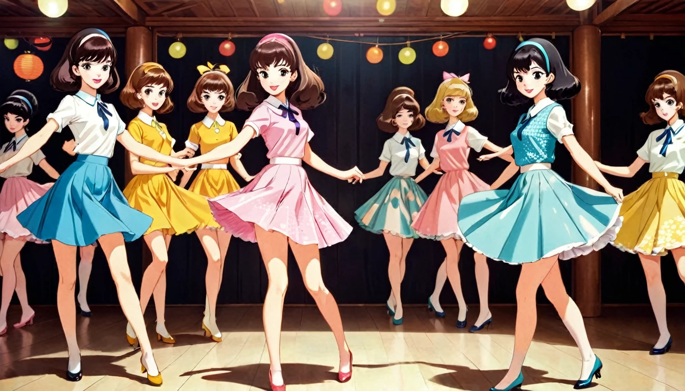 Neat and cute women in 1960s fashion、Dancing、Realistic Anime、