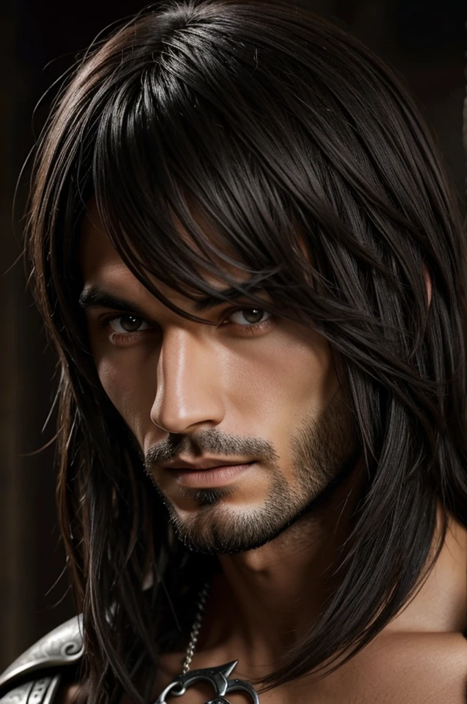 male, cabello negro desordenado con flequillo, ojos rojo oscuro, hermoso rostro, hechicero oscuro, mago de la corte, medieval fantasy, condescendiente
