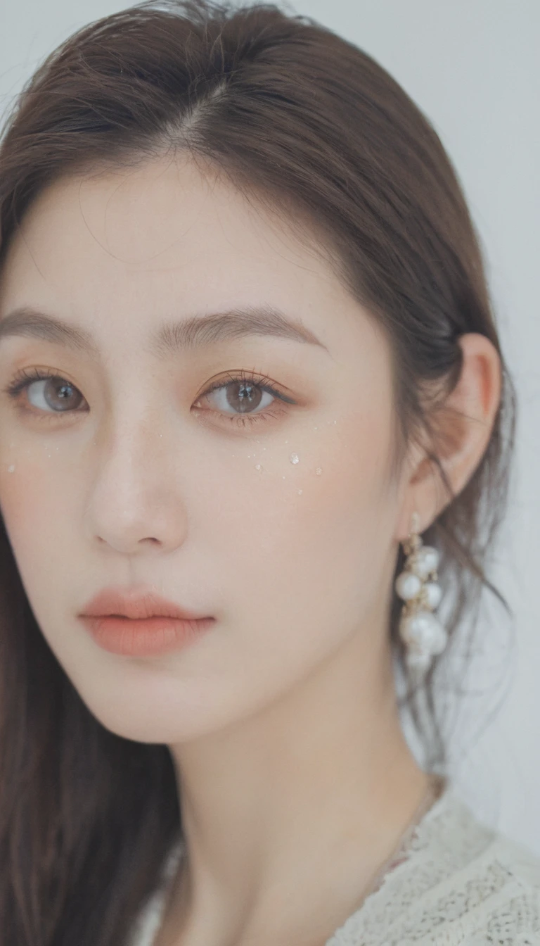 xxmixgirl, analog style, eye focus, highest quality, (highly detailed skin), photo of a exquisitely beautiful pale skin, 21yo, perfect face, alluring eyes, (seductive makeup: 1.3), skin pores, (bokeh:1.5), sharp focus, dappled lighting, (backlighting), film grain, (highly detailed, intricately detailed), 8k, HDR, front view, studio light, Ultra-detailed face, Detailed eyes, (Double eyelid: 1.4), Alice toggle, brown eye, (commercial: 1.6), (seductive makeup), ((white studio background: 2))