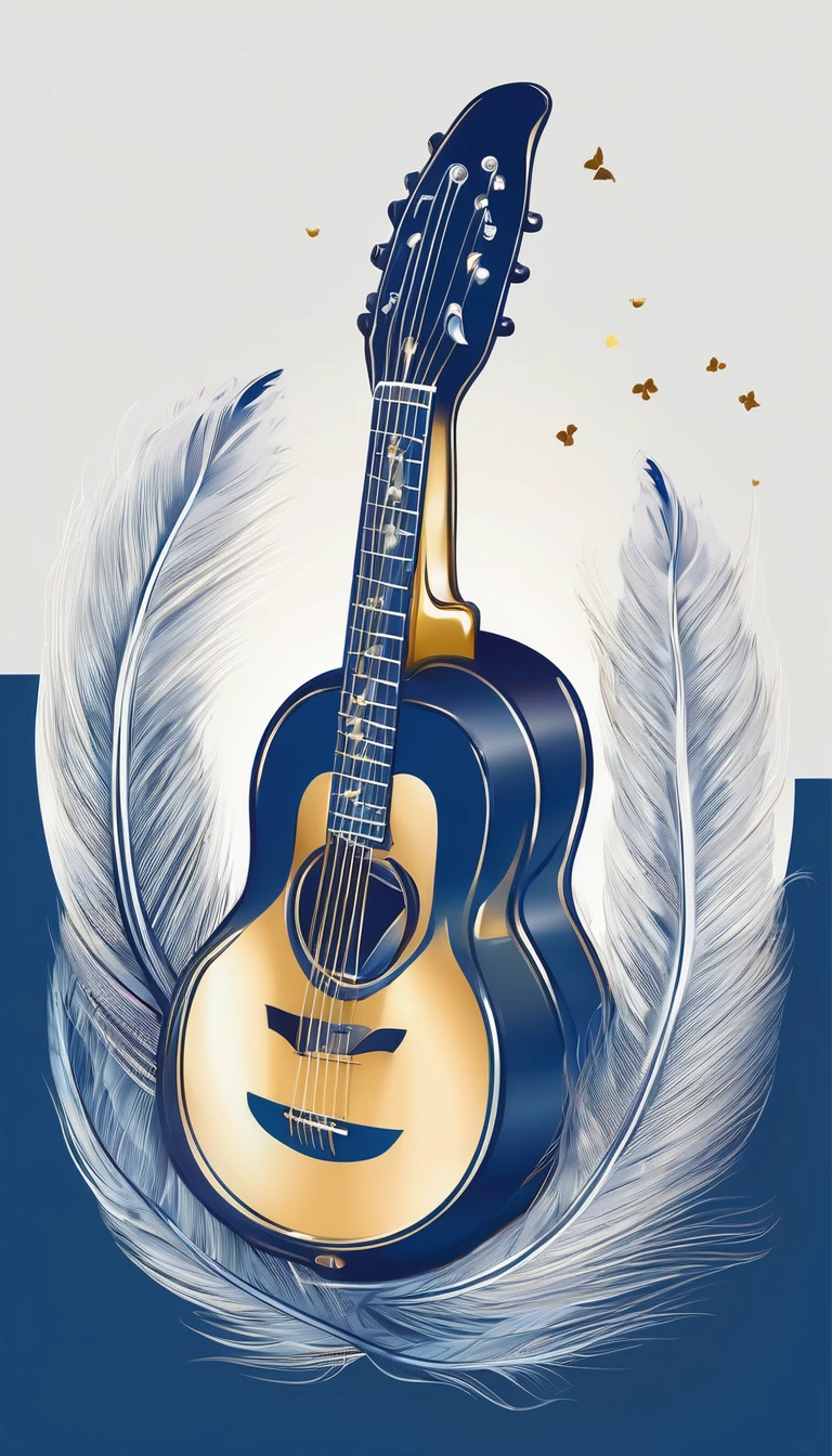 Create a flat vector, illustrative-style wordmark logo design for a storytelling and musical brand named 'Penamemoria'. The 'M' in 'Penamemoria' is transformed into a stylized feather, suggesting the brand's inspiration from fantasy birds. Use shades of blue, white and gold, evoking the imaginary and golden memories against a white background. Do not show any realistic photo detail shading. Include a boy playing acoustic guitar and a fantasy, unique feather by his side. Create a modern, logo that convey a sense of storytelling, dreaming and stories.