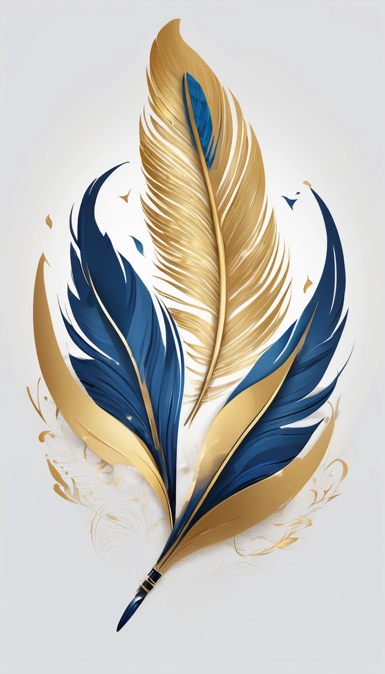 Create a flat vector, illustrative-style wordmark logo design for a storytelling and musical brand named 'Penamemoria'. The 'M' in 'Penamemoria' is transformed into a stylized feather, suggesting the brand's inspiration from fantasy birds. Use shades of blue, white and gold, evoking the imaginary and golden memories against a white background. Do not show any realistic photo detail shading. Include a boy playing acoustic guitar and a fantasy, unique feather by his side. Create a modern, logo that convey a sense of storytelling, dreaming and stories.