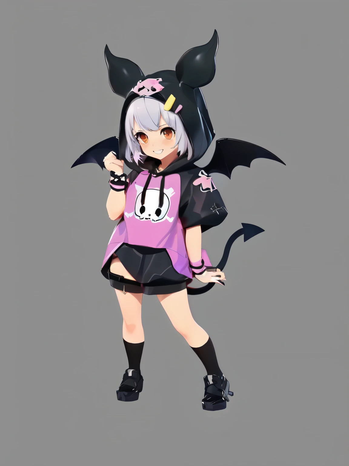 With demon horns、Anime girl in devil costume, Devil anime girl, Kurai Mika Devil, Devil Girl, Rendering a cute 3D anime girl, Anime girl with cat ears, anime style character, Lovely characters, Anime cute art style, Anime Characters, Single character full body, Anime vtuber full body model, anime monster girl, White hair,Purple and black sweatshirt,Devil's Tail,Devil Wings,(((Kulomi ears)))