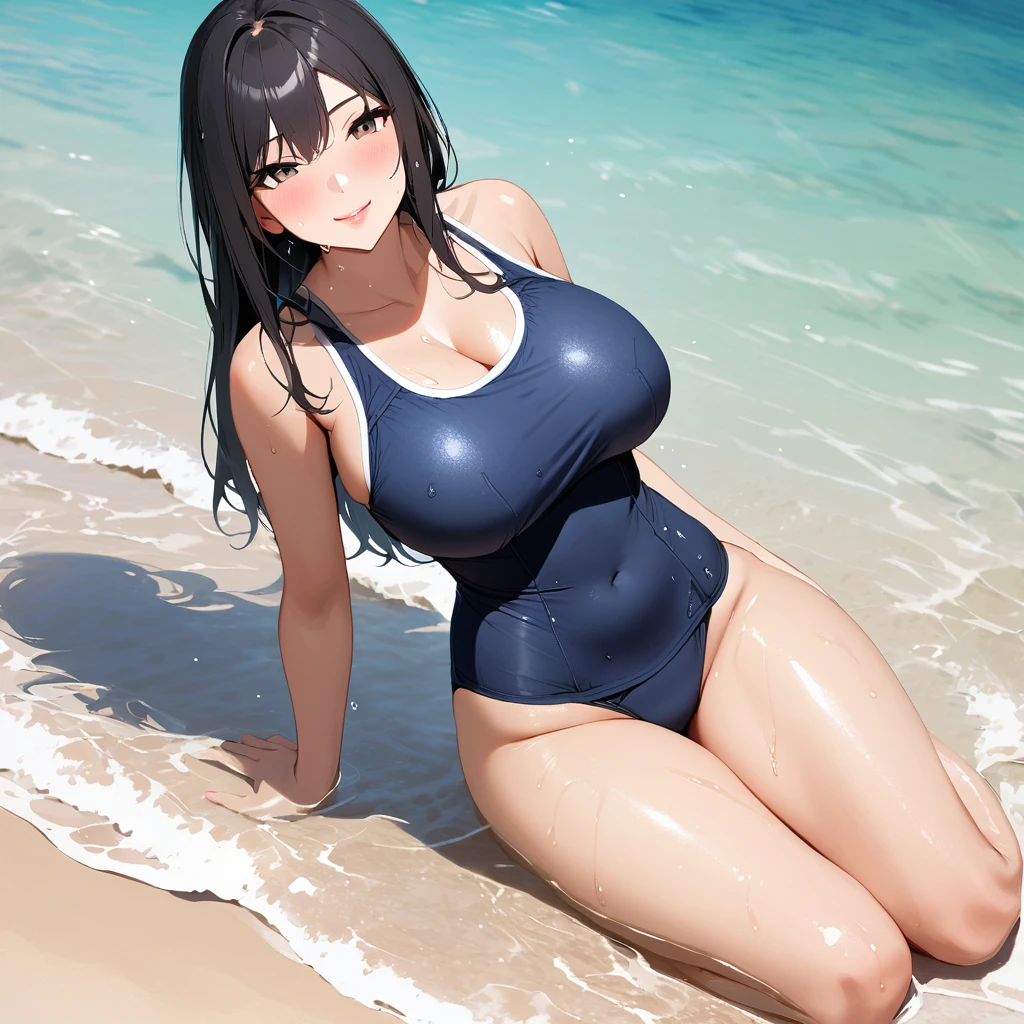 masterpiece, (solo:2), (1 girl:1.5), (long hair), (black hair), (full body), (school swimsuit), (huge tits), smile, sweat, wet hair, wet swimsuit, (lips apart), swimming in a sea, summer beach,