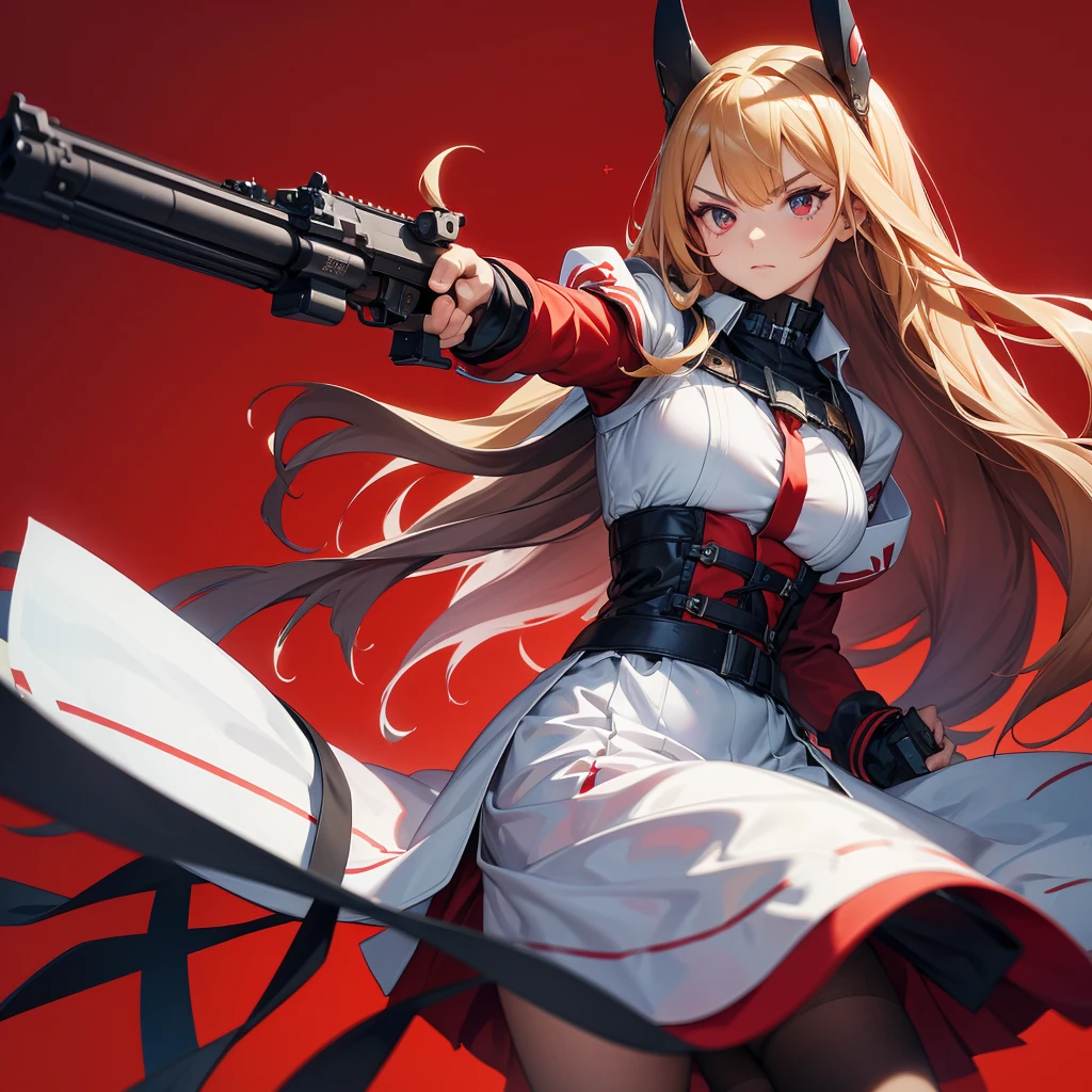 Dynamic composition、((Perspective Lens, Woman with long hair,  Dynamic poses with serious and mean expressions, Holding a large Barrett MB2A1 with both hands)) ((Pure Red Background:1.2)),Anime Style、Detailed eyes、Looks like she&#39;s in her early 20s,Shooting in mid-motion,With her long braided hair fluttering. Her outfit is reminiscent of a butterfly,Black, red and gold colour palette,Be playful.