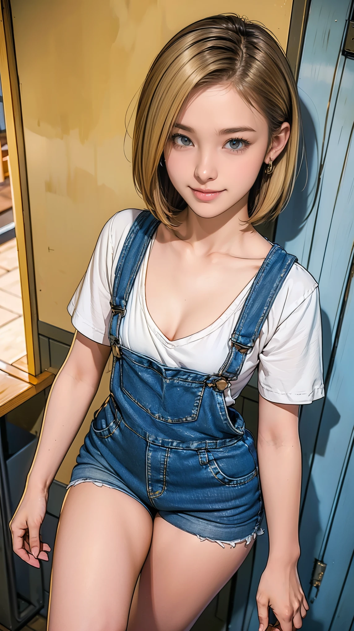 ((masterpiece)),(((Highest quality))),((Character design sheet)),Thin thighs,Long legs,Android 18, alone, Blonde, blue eyes, short hair, Cute smile，Earrings, jewelry, Medium Milk，Clean your hands, Wear denim fabric overalls:1.5, No shirt，Photo of slim girl model, Close-up body shot，street, (External dilated chest: 1.2)