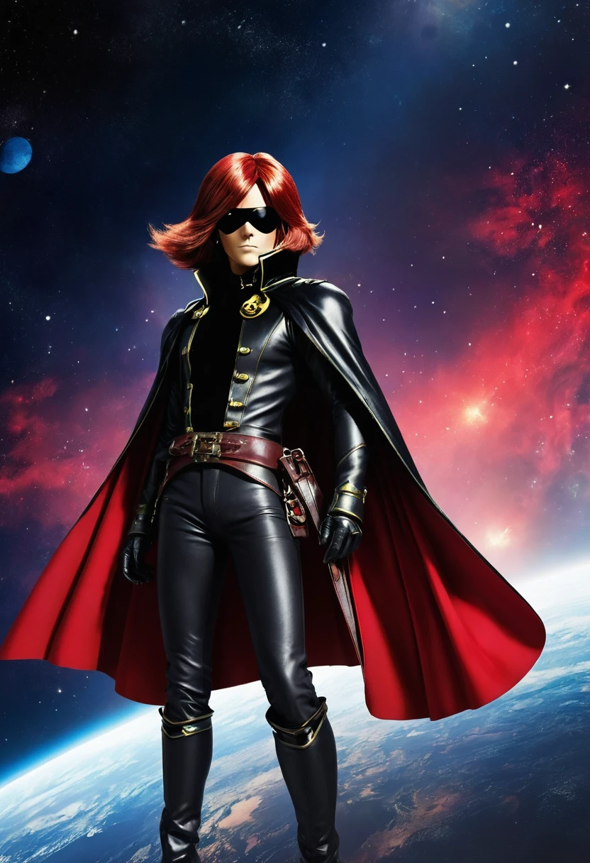 Captain Harlock, Eye Patch, Red hair, standing, black cape fluttering, space background,