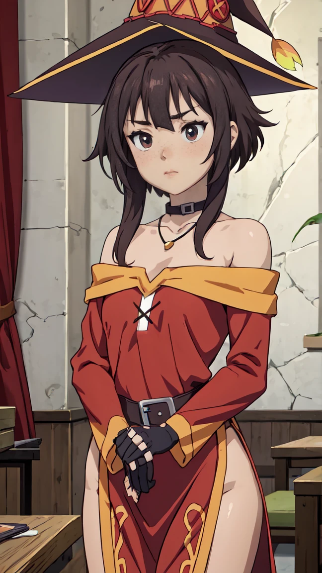 Artgerm, table, Best quality, extremely detailed, table, Best quality, Megumin, 1 girl in, bare shoulders, nude, very sexy, Black e.g, black gloves, black hair, e.g, necklace, clavicle, dress, hair between eyes, It has, long sleeves, I look at the viewer, Medium hair, off shoulder dress, off the shoulders, Red dress, Red eyes, side locks, One, witch hat, in room