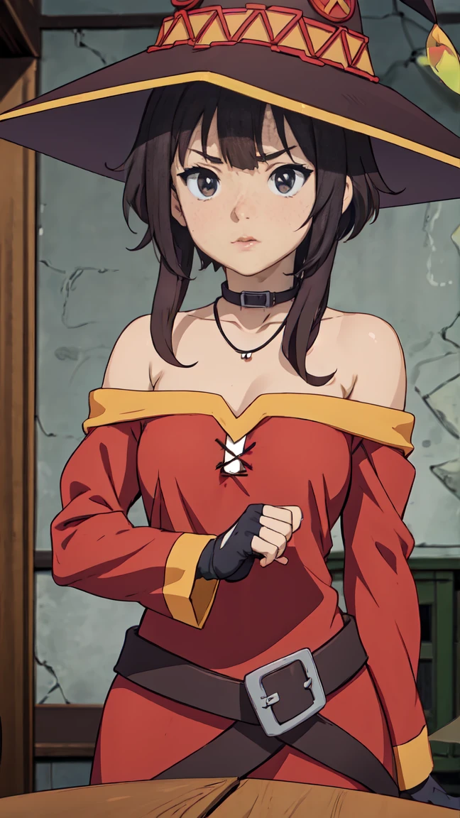 Artgerm, table, Best quality, extremely detailed, table, Best quality, Megumin, 1 girl in, bare shoulders, nude, very sexy, Black e.g, black gloves, black hair, e.g, necklace, clavicle, dress, hair between eyes, It has, long sleeves, I look at the viewer, Medium hair, off shoulder dress, off the shoulders, Red dress, Red eyes, side locks, One, witch hat, in room